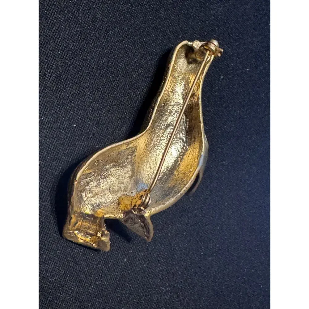 Vintage Gold Tone Seal Brooch Green Rhinestone Left Eye